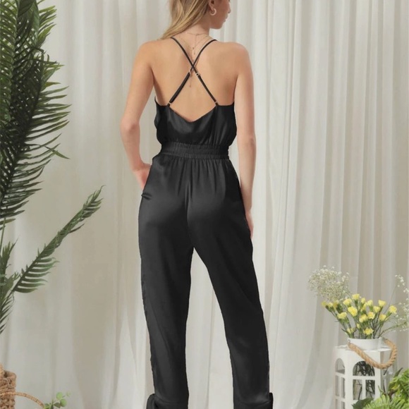 Endless Blu Satin BLACK Jumpsuit with Pockets NWT - Picture 3 of 4